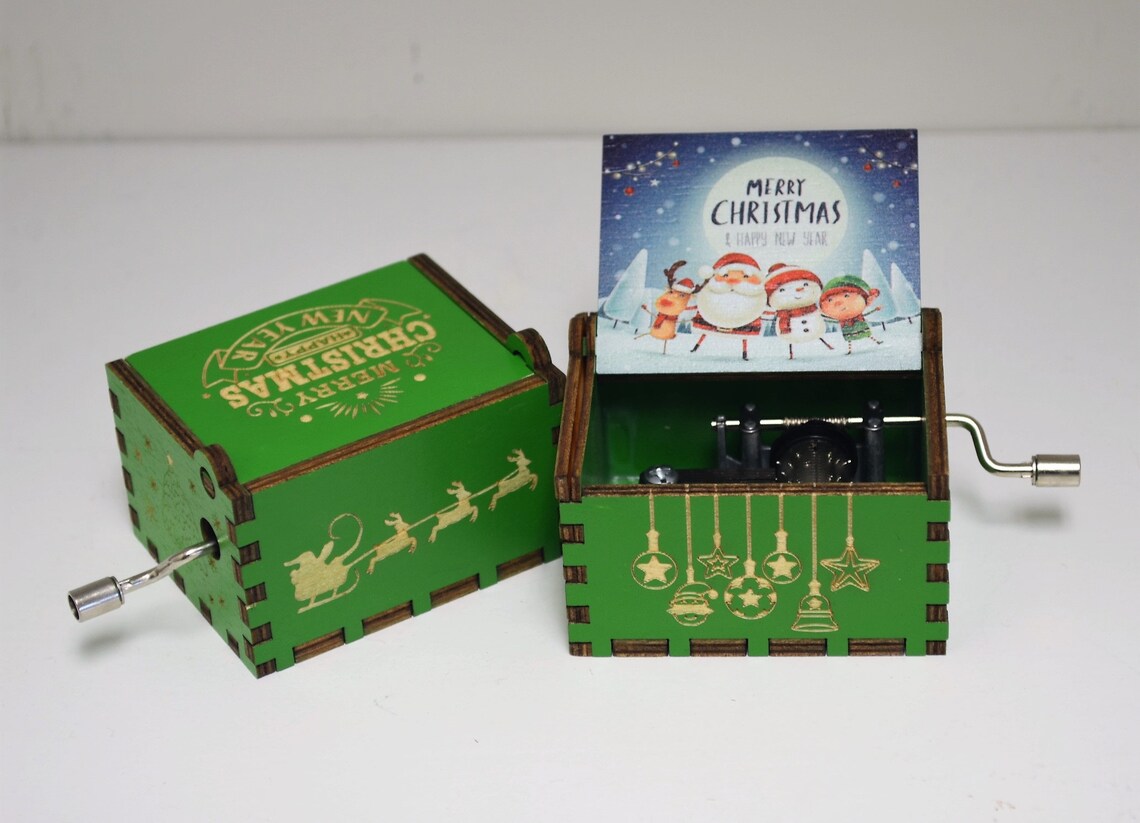 Set of 4 - Hand Crank Engraved Music Box - Merry Christmas