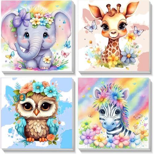 UMOART 4 Pack Animal Paint by Number for Kids with Wooden Frame 8x8 in