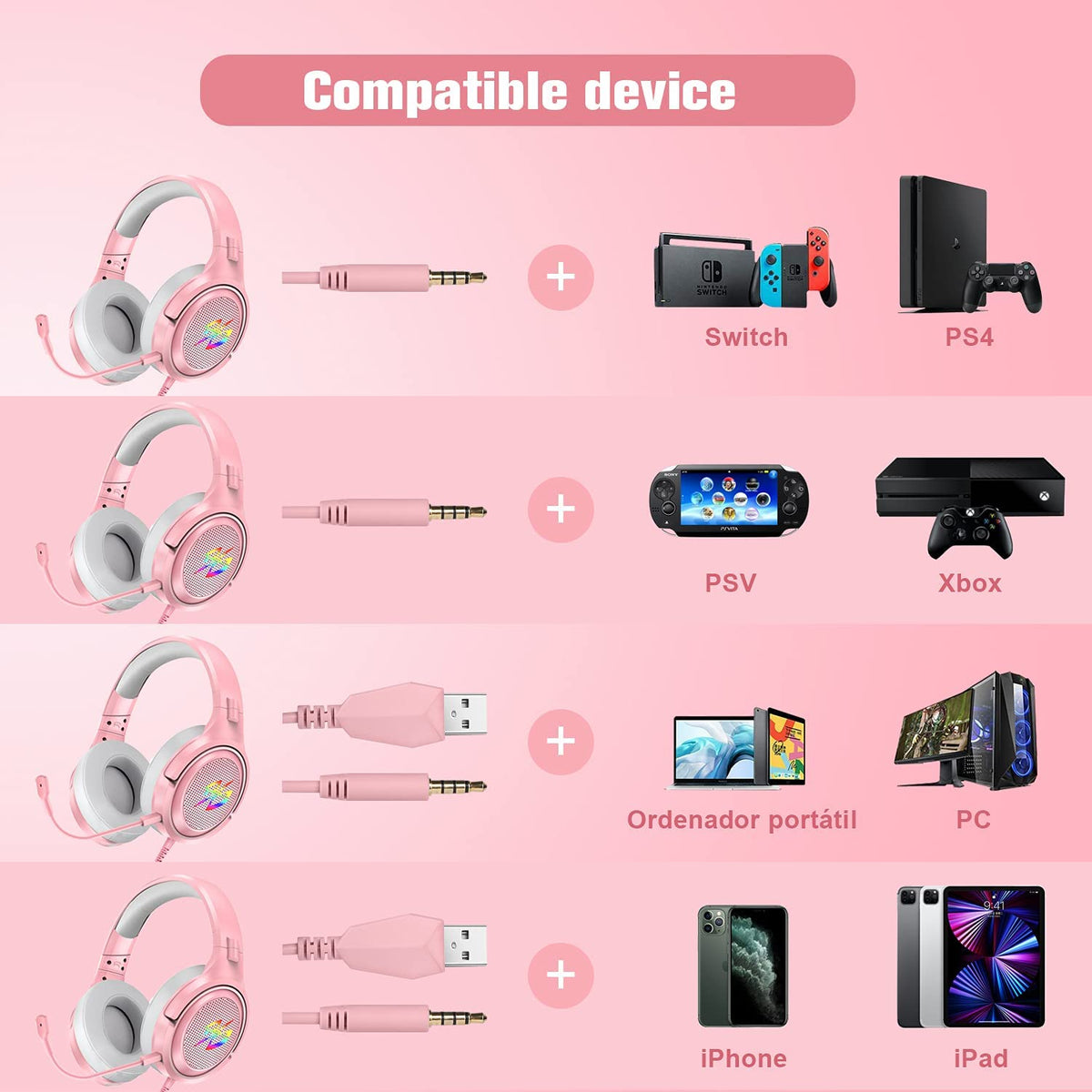 Pink Headsets Computer LED Music/Gaming Pink Headsets with Microphones – click99c
