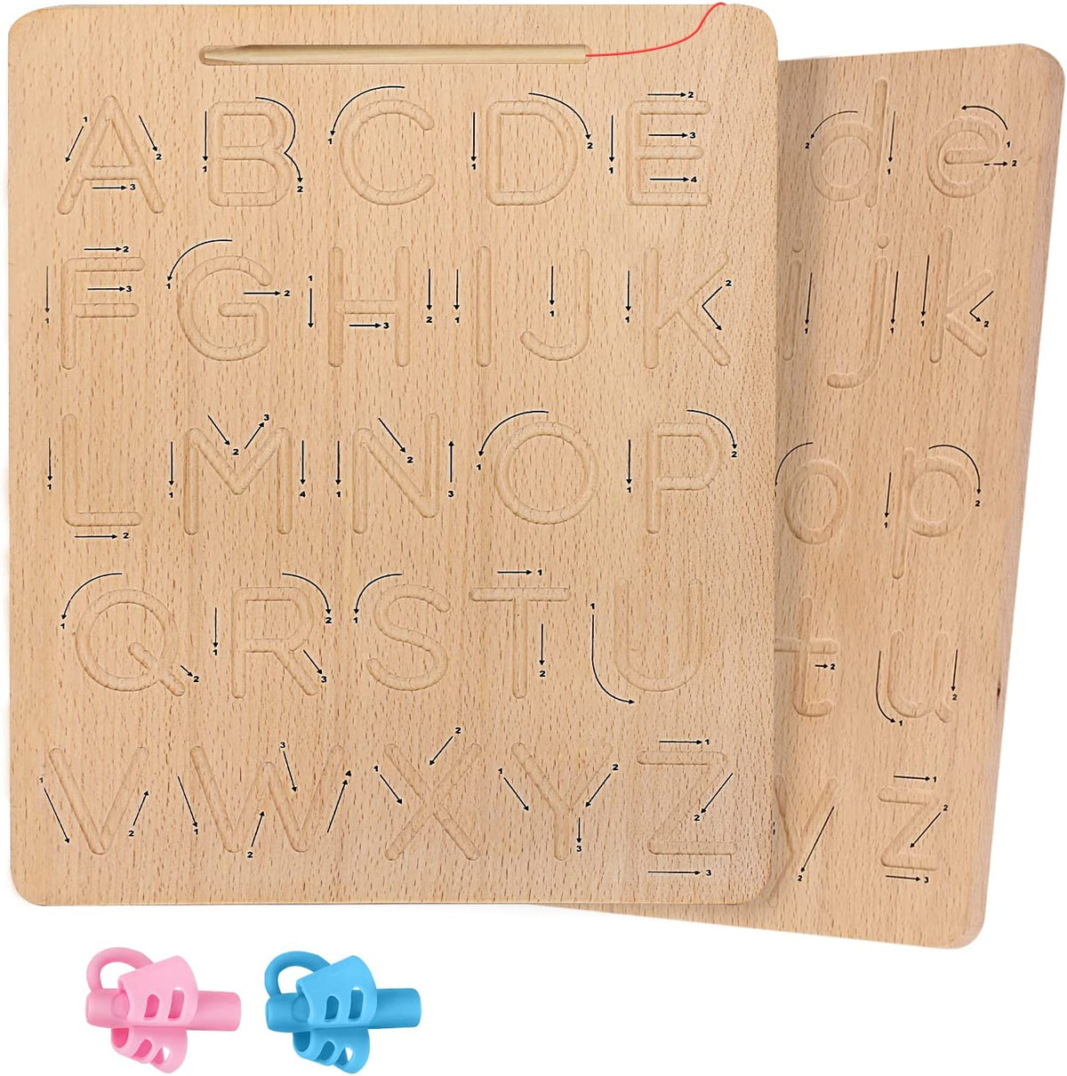 Wooden Double-Sided Letter Tracing Board w/ 2pcs Silicone Pencil Grips